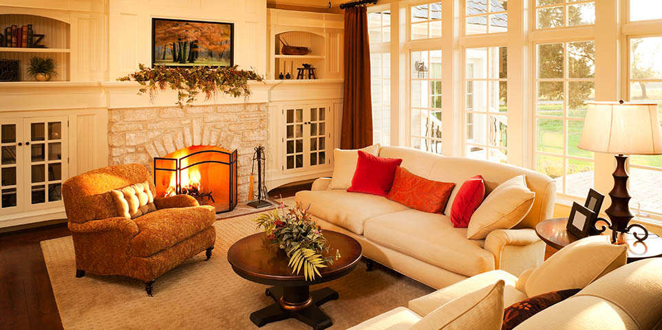 Warm elegant sunlit living room.